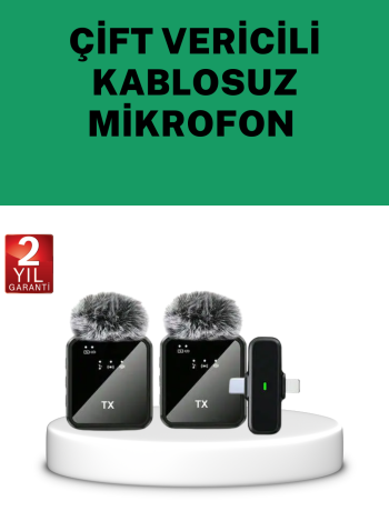 Canlı Yayın ve Video Çekimleri İçin Çiftli Kablosuz Yaka Mikrofon