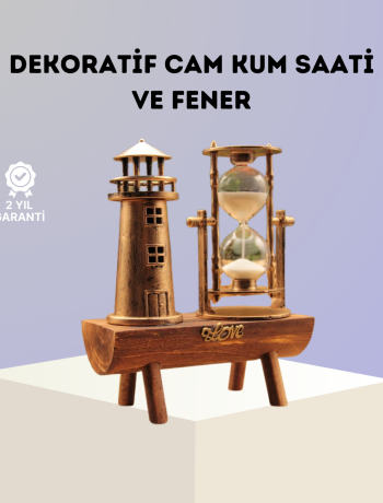 Dekoratif Ahşap Kum Saati ve Deniz Feneri Figürlü Masa Süsü – Şık ve Fonksiyonel Tasarım