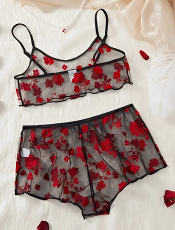 Çiçek Desenli Siyah Transparan Şortlu Gecelik TM1377