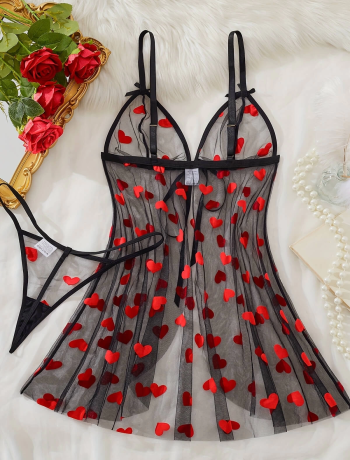 Kalp Desenli Siyah Transparan Gecelik TM1378