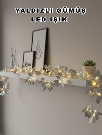 Yaldızlı Gümüş Yaprak LED Işık Pilli Dekoratif Ortam ve Yılbaşı Aydınlatması