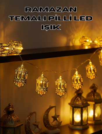 Pilli Ramazan Işıkları Altın Renk Fener Figürlü LED Süsleme