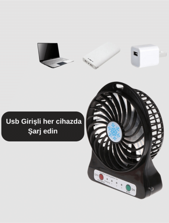 Mini Vantilatör Masaüstü – USB Girişli Şarjlı 3 Kademe Sessiz Motor Işıklı