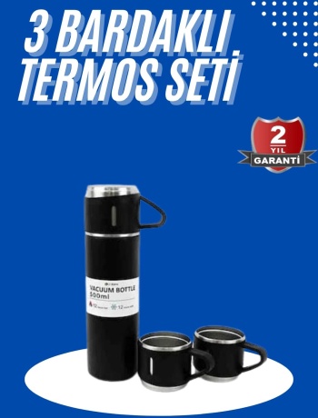 Termos Seti 3lü Bardak Seti Isı Dayanıklı Siyah Paslanmaz Çelik Vakumlu