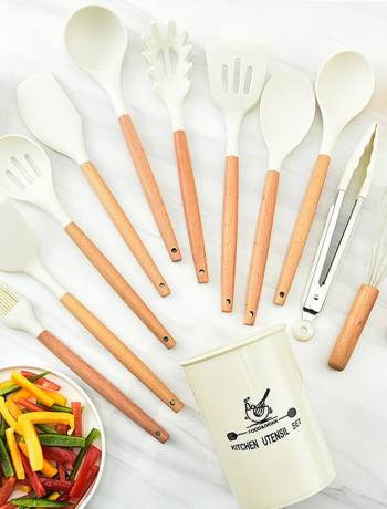 Ezere 11 Parça Silikon Uçlu Ahşap Saplı Mutfak Seti Ve Saklama Kutusu-(5775)