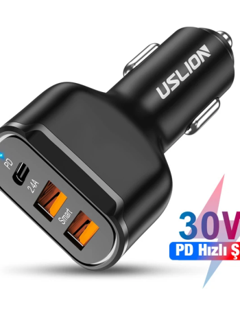 USLİON 30W 2 USB + Type-C Girişli QC3.0 Hızlı Araç Çakmaklık Şarjı-(5775)