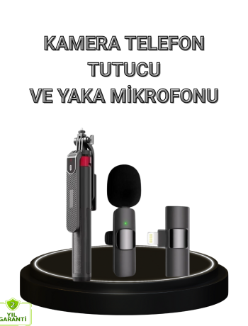 Vlog ve Canlı Yayın İçin Çift Yaka Mikrofonu ve Tripodlu Selfie Çubuğu Seti