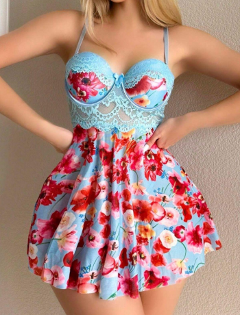 Mavi Rüya Gecesi Çiçekli Askılı Mini Gecelik 15628