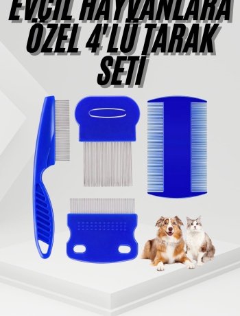 4lü Bit Pire Tarağı Set Kedi Köpek Evcil Hayvan Tüy Toplayıcı Mavi