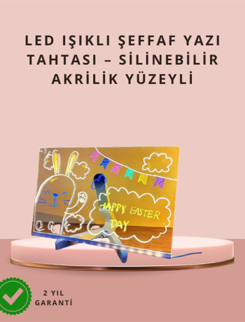 LED Işıklı Şeffaf Yazı Tahtası – Neon Etkili Akrilik Pano Silinebilir 7 Renkli Kalemli 30x20 cm
