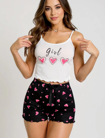 Kalp Desenli Askılı Şortlu Pijama Takımı