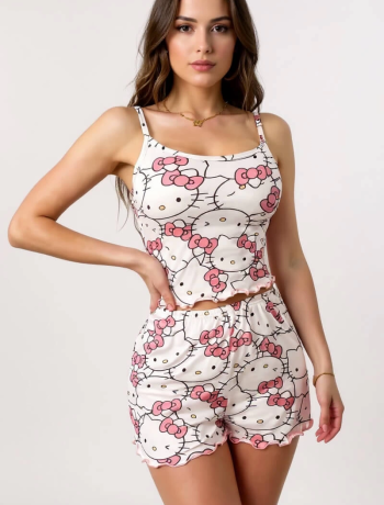 Hello Kitty Baskılı Askılı Şortlu Pijama Takımı