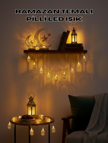 Altın Fener Detaylı Pilli Ramazan LED Işık Ev Dekorasyonu