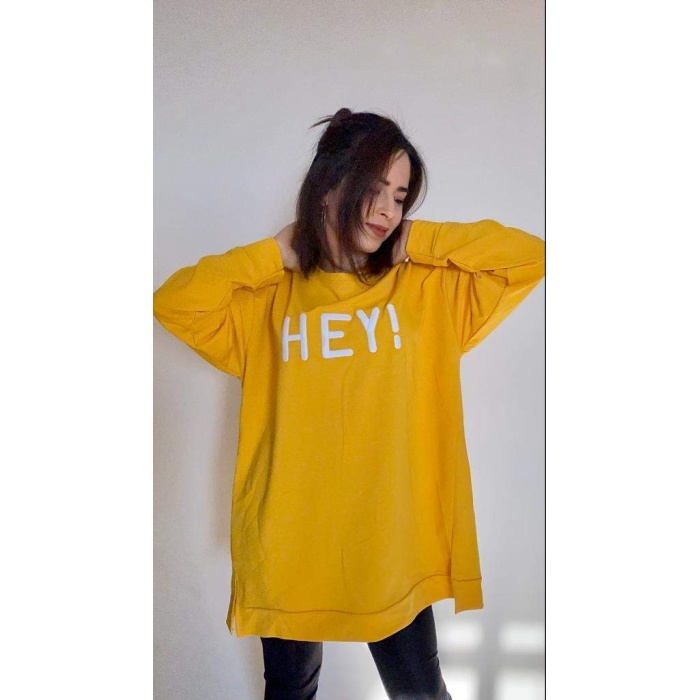 Hey Yazılı Sarı Oversize Kadın Sweatshirt