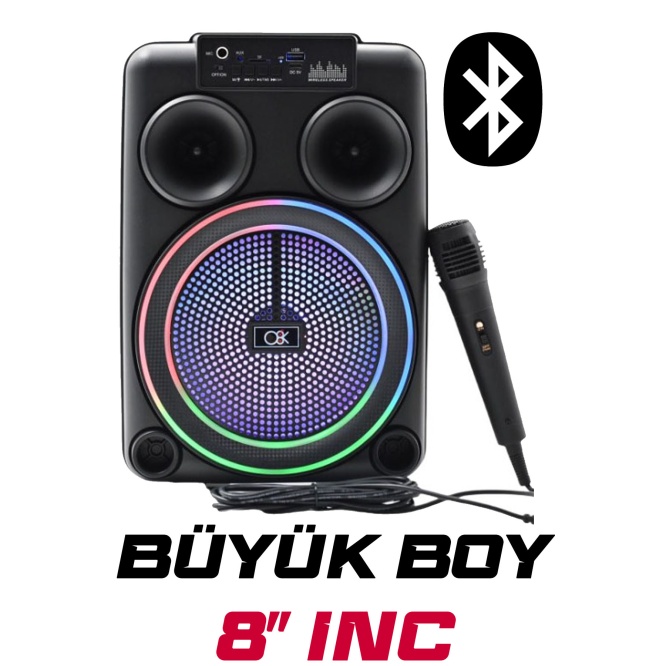 Platoon PL-8106 BT USB SD AUX 8 İNÇ Mikrofonlu Anfi Yüksek SES Taşınabilir RGB Işıklı Hoparlör