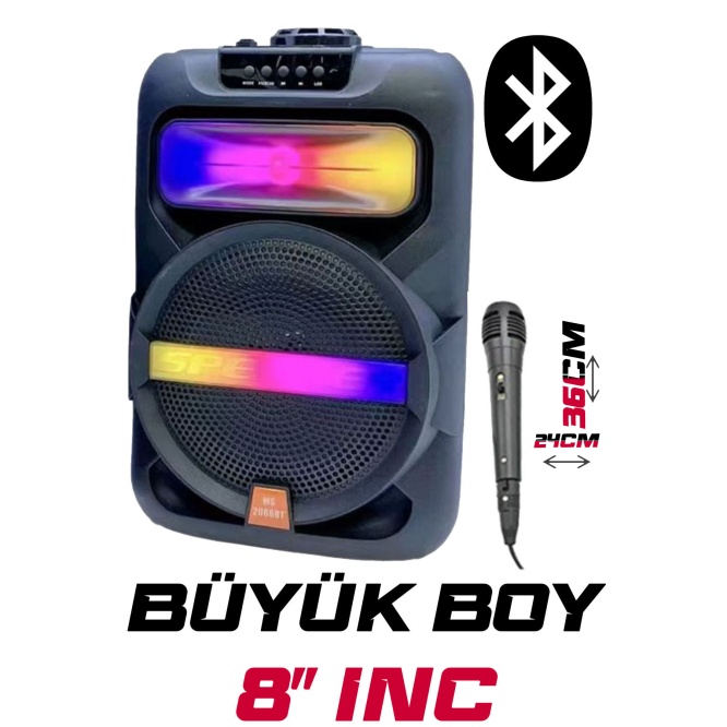 Platoon PL-4361 BT USB SD AUX 8 İNÇ Mikrofonlu Anfi Yüksek SES Taşınabilir RGB Işıklı Hoparlör