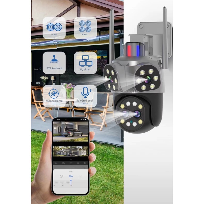 Mpia Orino 4 Lens 10X Zoom 8MP 360° Görüş Hareketli  Waterproof Gece Görüş Sesli Görüşme Akıllı Kamera