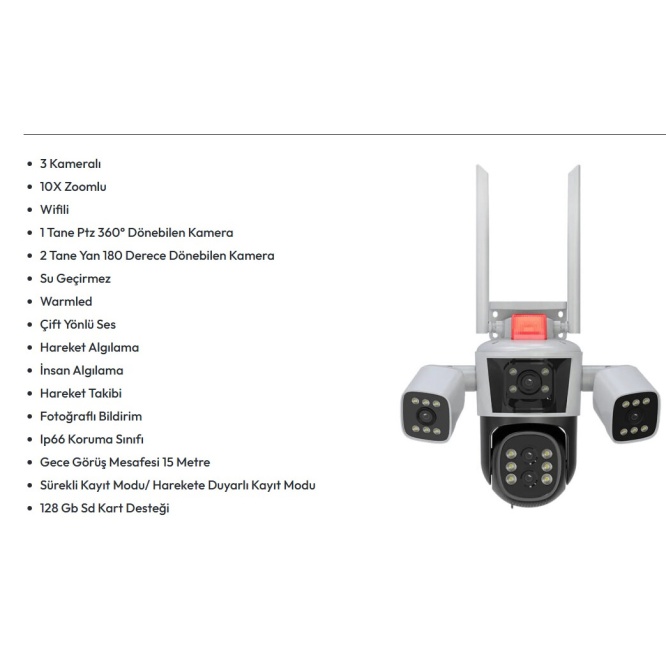IPC360 APP 3 Kamera 10X Zoom 9MP 360° Renkli Gece Görüş Sesli Görüşme Sirenli Wi-Fi Akıllı Kamera