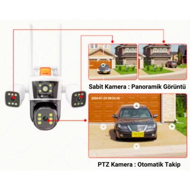 IPC360 APP 3 Kamera 10X Zoom 9MP 360° Renkli Gece Görüş Sesli Görüşme Sirenli Wi-Fi Akıllı Kamera