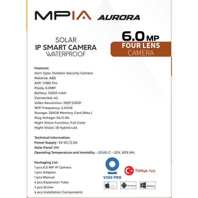 MPIA Aurora 4G 6MP 4K 4G Sim Kartlı Güneş Panel 4 Lens Solar 12000mAH Alarmlı Mikrofon 360 PTZ Türkçe Uygulama Güvenlik Kamera