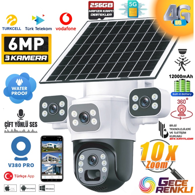 MPIA Aurora 4G 6MP 4K 4G Sim Kartlı Güneş Panel 4 Lens Solar 12000mAH Alarmlı Mikrofon 360 PTZ Türkçe Uygulama Güvenlik Kamera