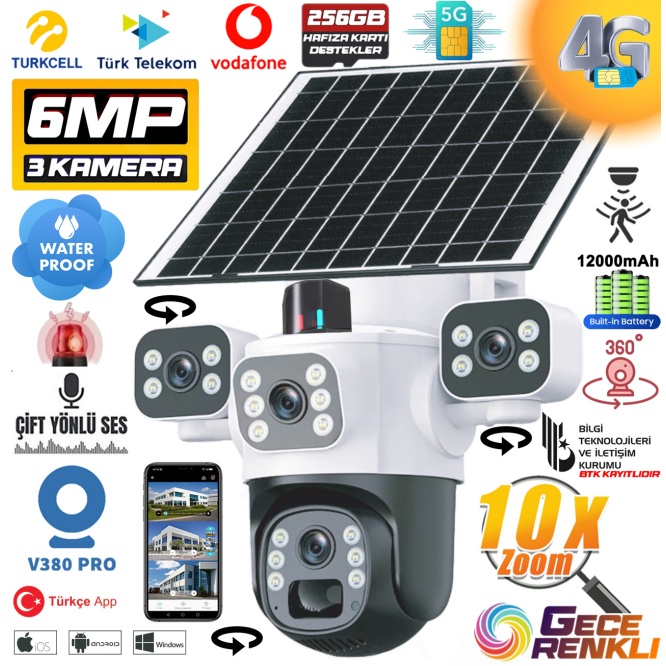 MPIA Aurora 3 Kamera 4G 6MP 4K Sim Kartlı Güneş Panel 4 Lens Solar 12000mAH Alarmlı Mikrofon 360 PTZ Türkçe Uygulama Güvenlik Kamera
