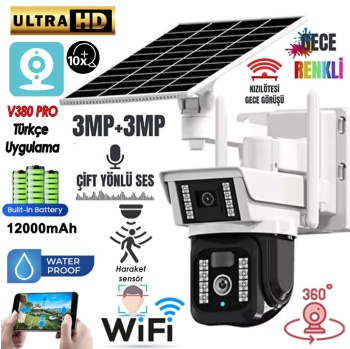 V380 PRO 33-AL 2X KAMERA 4K Güneş Panel Solar 12000mAH Alarmlı Mikrofon 360 PTZ Türkçe Uygulama Güvenlik Kamera