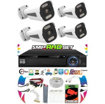 4 Kameralı AHD Set 250GB 3060- 5MP Sony Lensli HD Gece Renkli Güvenlik Kamerası Sistemi -Cepten izle