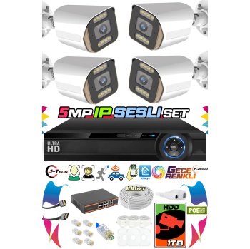 4 Kameralı IP Set 1TB 9060 5MP Mikrofonlu HD Gece Renkli Güvenlik Kamerası Sistemi -Cepten izle