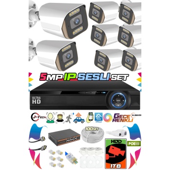 8 Kameralı IP Set 1TB 9060 5MP Mikrofonlu HD Gece Renkli Güvenlik Kamerası Sistemi -Cepten izle