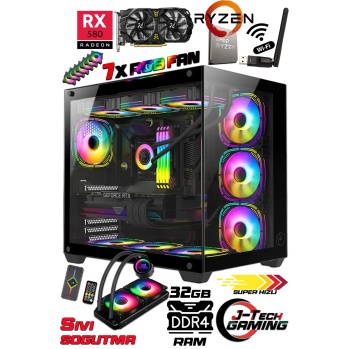 J-TECH RX58 Ryzen5 5600 32GB RAM 512GB SSD 8GB RX-580 ARGB Sıvı Soğutmalı Oyuncu Bilgisayarı