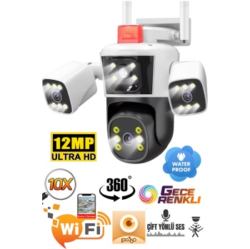 IPC360 APP 3 Kamera 10X Zoom 9MP 360° Renkli Gece Görüş Sesli Görüşme Sirenli Wi-Fi Akıllı Kamera
