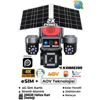 HiEasy APP 4 Kamera 8MP 4K AOV  eSİM 4G Gece Renkli Görüş İnsan Takibi Solar PTZ Akıllı Kamera