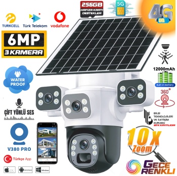 MPIA AURORA 4G 6MP 4K 4G Sim Kartlı Güneş Panel 4 Lens Solar 12000mAH Alarmlı Mikrofon 360 PTZ Türkçe Uygulama Güvenlik Kamera
