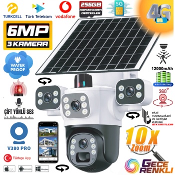 MPIA Aurora 4G 6MP 4K Sim Kartlı Güneş Panel 4 Lens Solar 12000mAH Alarmlı Mikrofon 360 PTZ Türkçe Uygulama Güvenlik Kamera