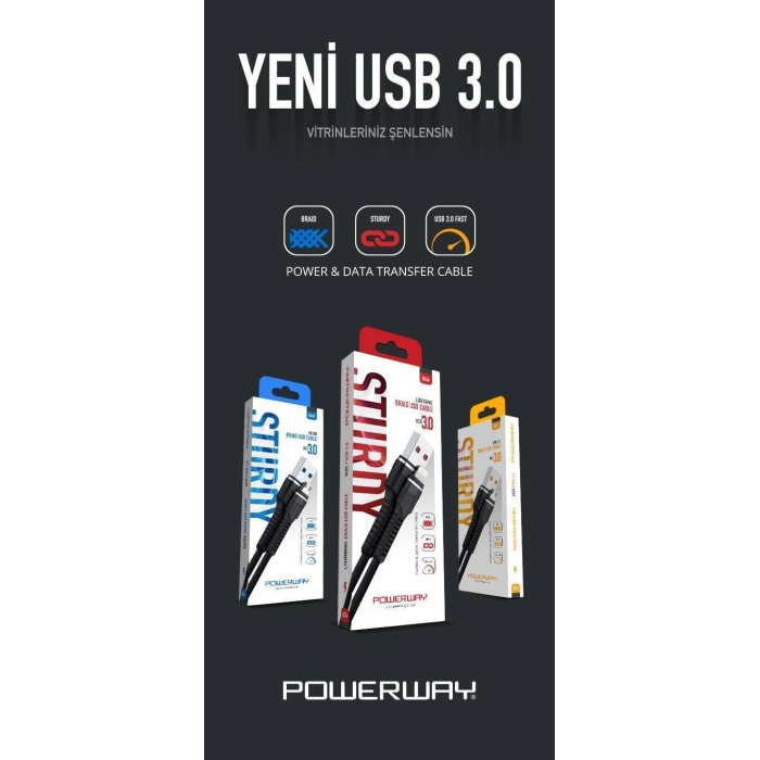 Powerway QC46 iPhone USB Hızlı Şarj ve Data Aktarım Halat Kablo USB 3.0