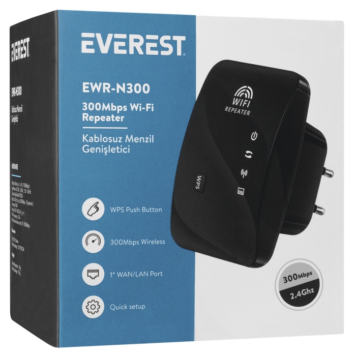 Everest EWR-N300 2.4GHz 300Mbps 1xWAN/LAN Port Dahili Antenli Repeater+AP Kablosuz Menzil Genişletici