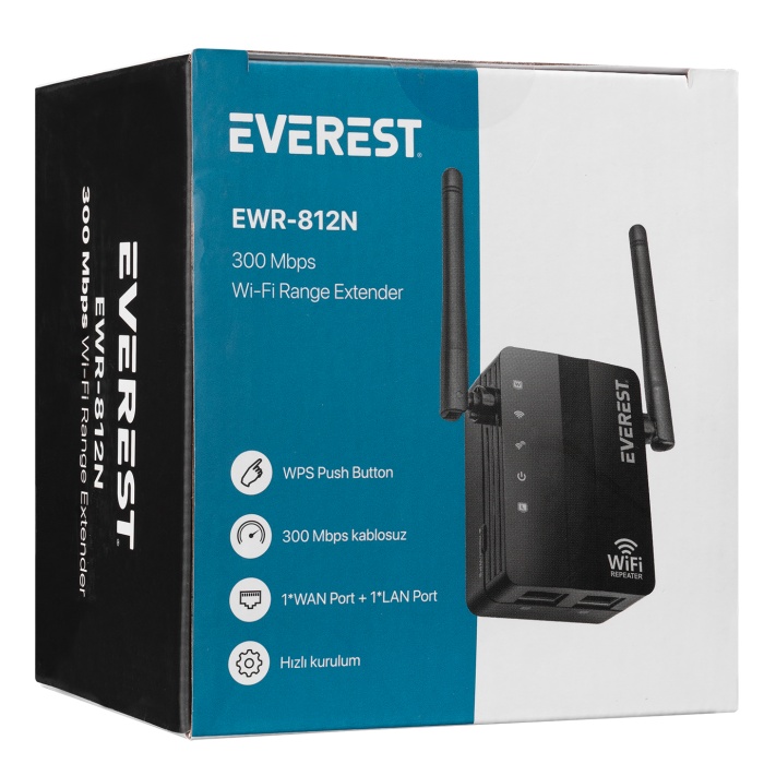 Everest EWR-812N 2.4GHz 300Mbps 1xWAN+1xLAN Port 2x2dBi Anten Repeater+AP Kablosuz Menzil Genişletici
