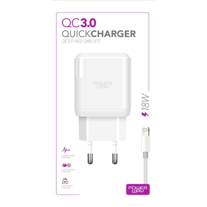 Powerway QC3.0 iPhone Apple 18W Hızlı Şarj Lightning Adaptör Şarj Seti Kablo Dahil