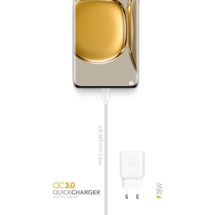 Powerway QC3.0 Type-C 18W Fast Hızlı Şarj Adaptör Şarj Seti Kablo Dahil