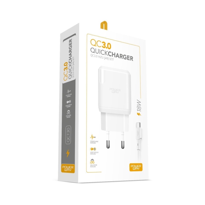 Powerway QC3.0 Type-C 18W Fast Hızlı Şarj Adaptör Şarj Seti Kablo Dahil