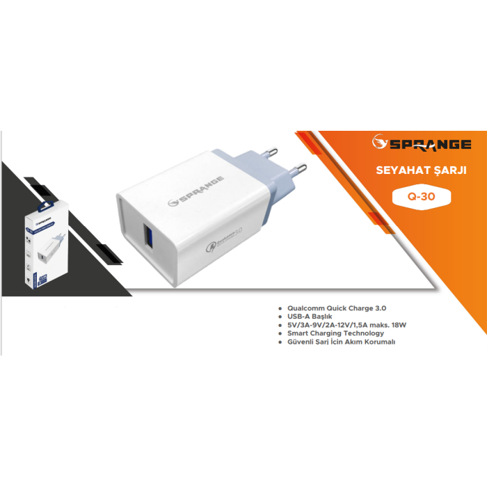 Sprange QC-30 18W - 5V 3A Qualcomm Quick Charge 3.0 Hızlı Şarj Başlık Adaptör Charger