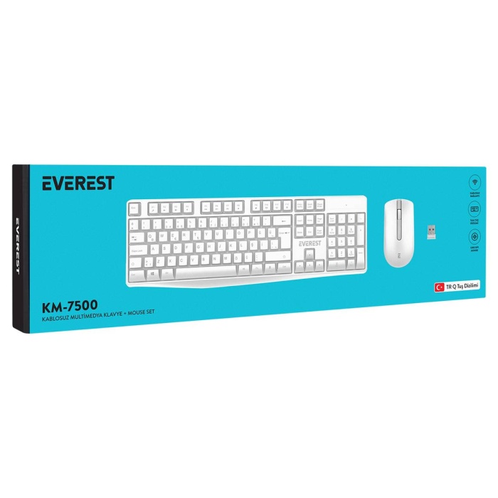 Everest KM-7500 Beyaz Kablosuz Q Multimedia Klavye + Mouse Set TR Q