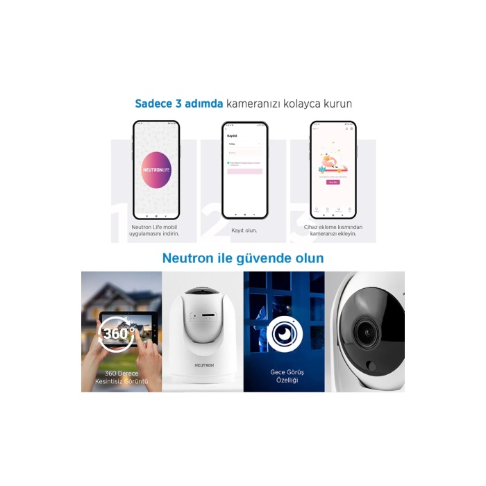 NEUTRON 360° Derece Dönebilen Kızılötesi Gece Görüşlü Ip Wifi Ev Güvenlik Kamerası Hd 1080p-app Ile Kontrol NTL-IP01