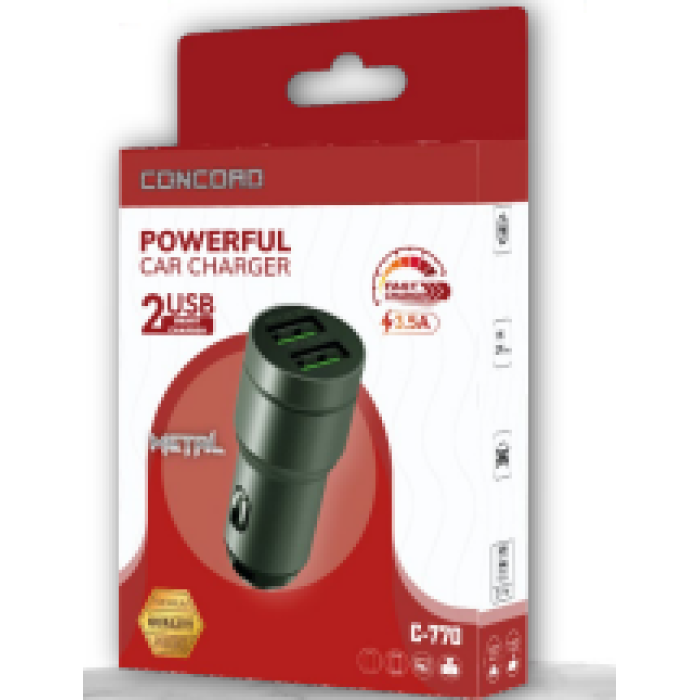 Concord C-770 2.4A 3.5A QC 3.0 Çift USB Hızlı Fast Araç Metal Çakmaklık Şarj