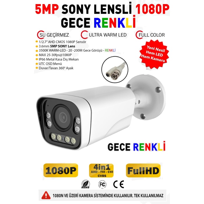 J-TECH 3000 5MP SONY LENS Gece Renkli Warm Light Metal Büyük Kasa 1080P AHD Güvenlik Kamera