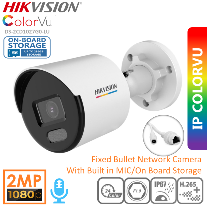 HIKVISION Bullet DS-2CD1027G0-LUF 2.8mm Gece Renkli PoE 2MP IP Dahili Sesli Kamera ColorVu H.265+IP67