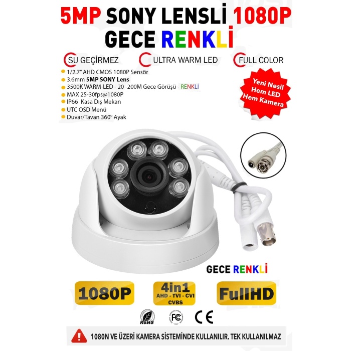 J-Tech 2033 Gece Renkli Warm Light 5MP SONY LENS 1080P AHD DOME Güvenlik Kamera