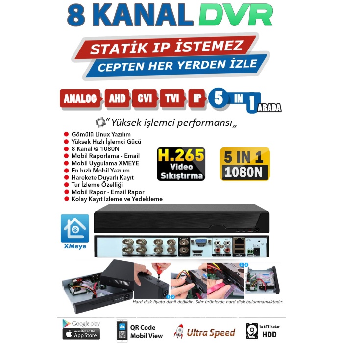 J-TECH 8 KANAL H.265+ 5MP DESTEKLİ XMEYE AHD+TVI+CVI+ IP+ANALOG WiFii (HIBRIT) KAYIT CİHAZI 08JDVR