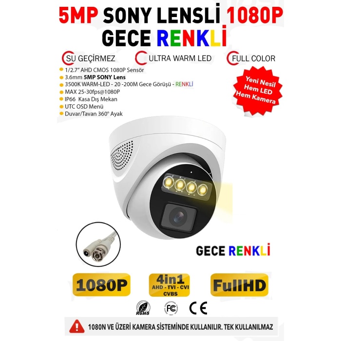 J-TECH 3040 5MP SONY LENS Gece Renkli Warm Light 1080P AHD Güvenlik Kamera